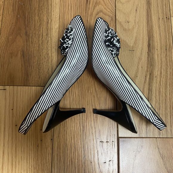 Bally Pom Pom Peep Toe Heels Black White Stripe Slingback, Size 6. 3” Heel‎ - Picture 7 of 13